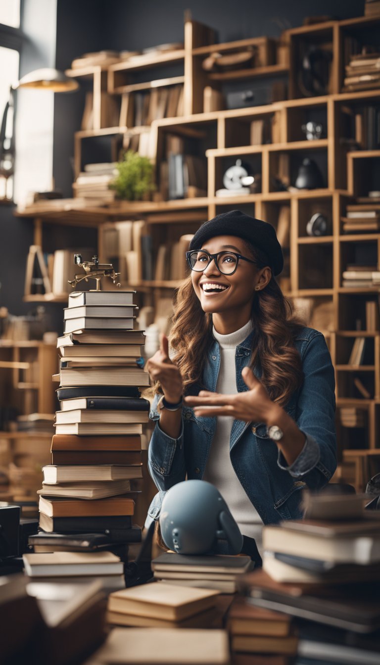 A chatty Gemini surrounded by books and gadgets, gesturing animatedly while engaging in lively conversation with multiple people