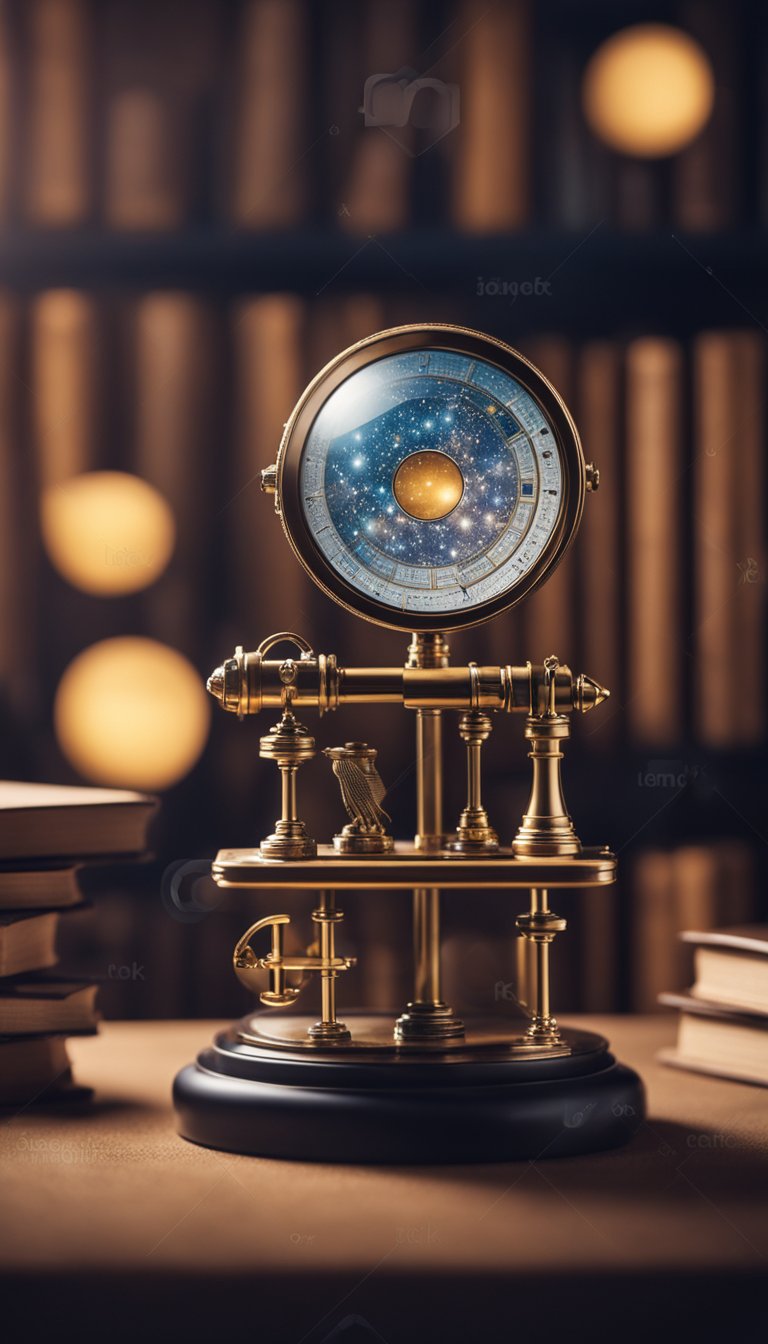 A Gemini symbol surrounded by books, a puzzle, and a telescope