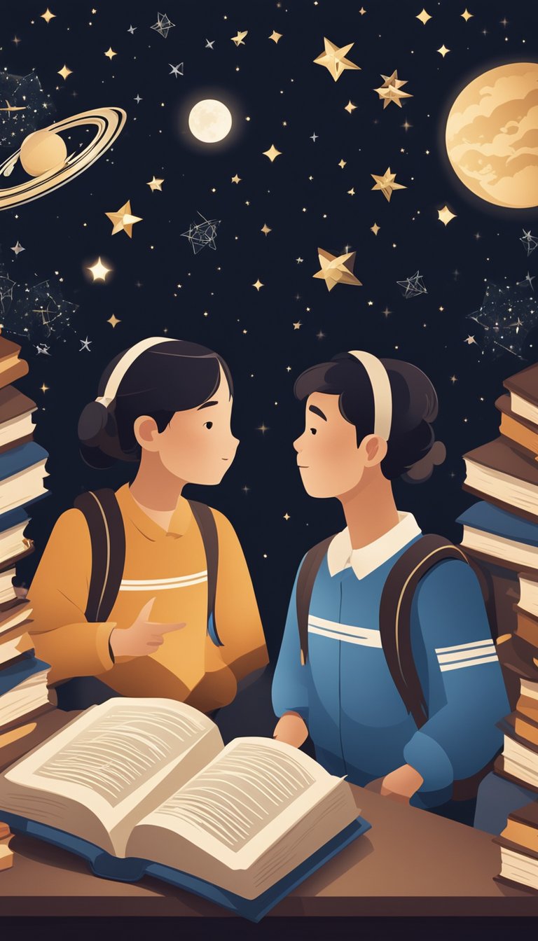 A pair of twins gazing at the stars, one pointing to the sky while the other listens attentively, surrounded by open books and diverse cultural symbols