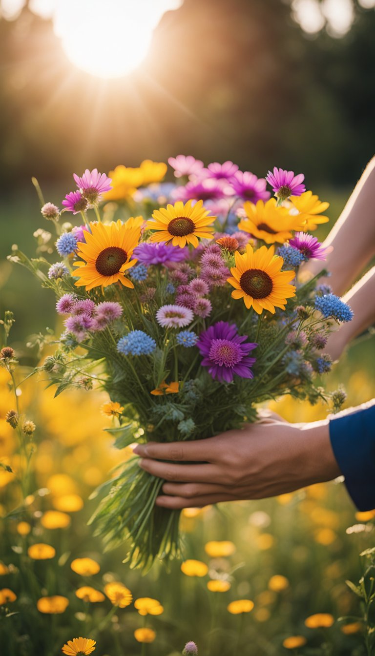 A pair of hands holding a vibrant bouquet of colorful wildflowers, with a bright, smiling sun in the background