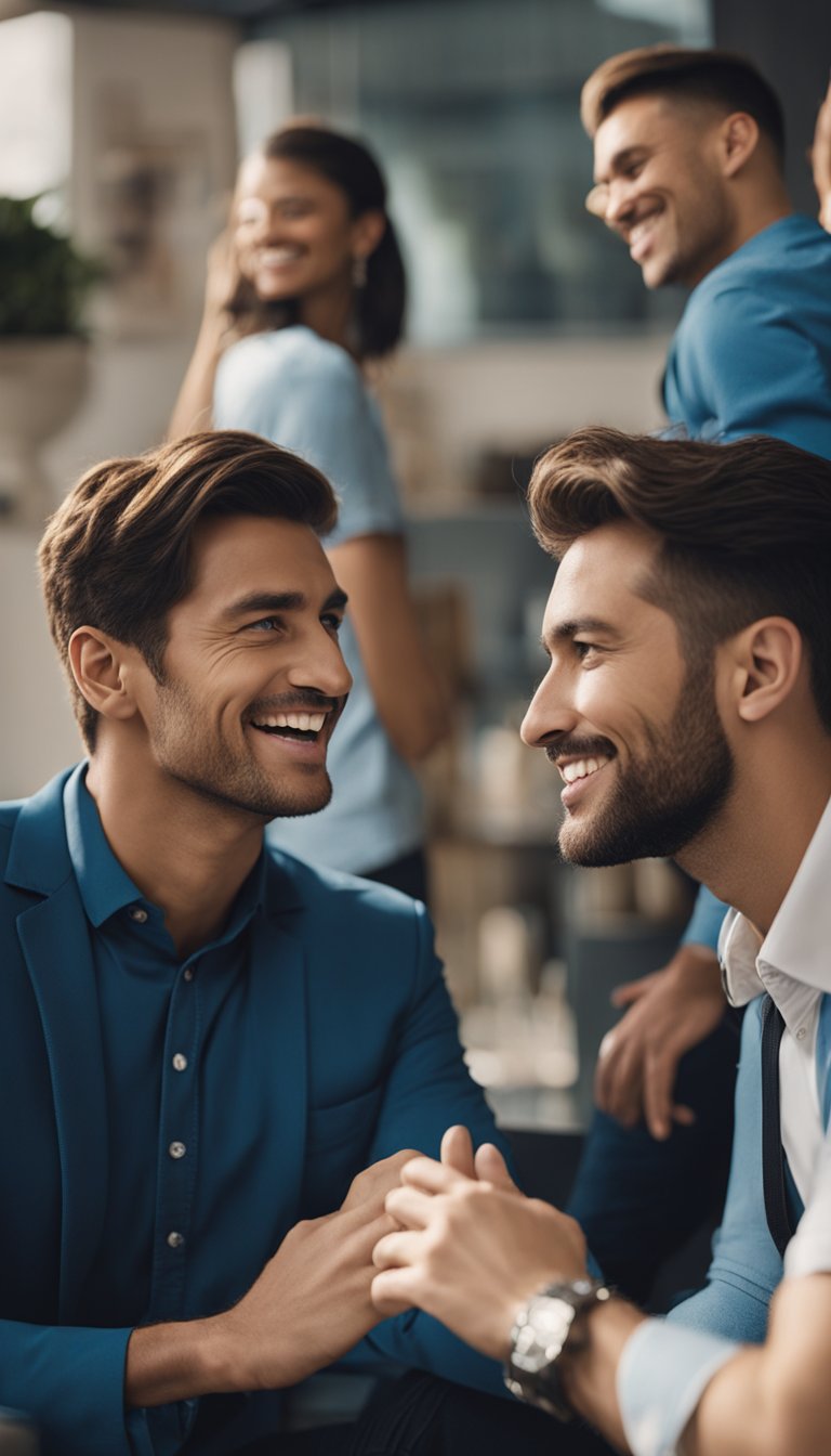 A charismatic Gemini confidently conversing with a diverse group, using expressive gestures to convey their persuasive nature