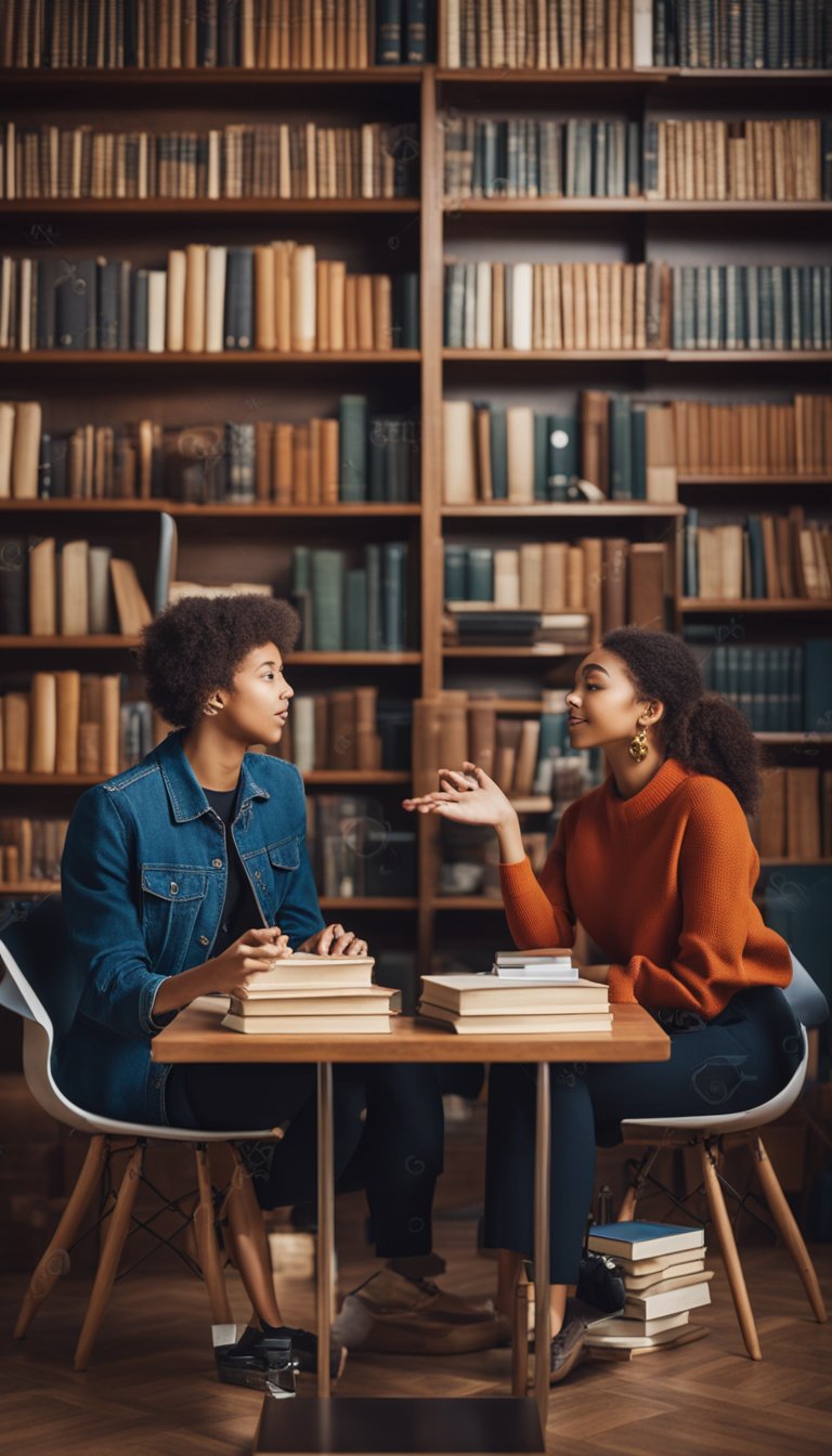 A pair of twins conversing in a thoughtful manner, surrounded by books and symbols of duality and communication