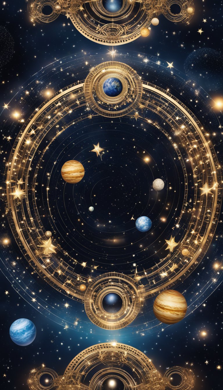 A swirling vortex of stars and planets, with two distinct Gemini symbols interwoven in the center. The celestial scene exudes a sense of restlessness and duality