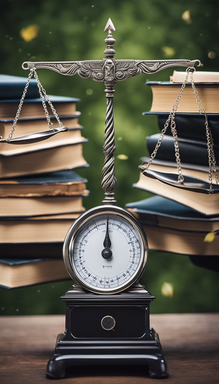 A pair of hands holding a scale, with one side weighed down by books and the other side lifting feathers, symbolizing the open-minded and adaptable nature of Gemini traits