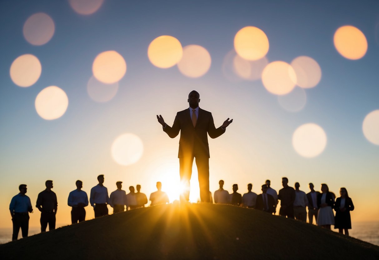 A figure standing on a hill, surrounded by a crowd, speaking with authority. The sun sets behind him, casting a warm glow over the scene