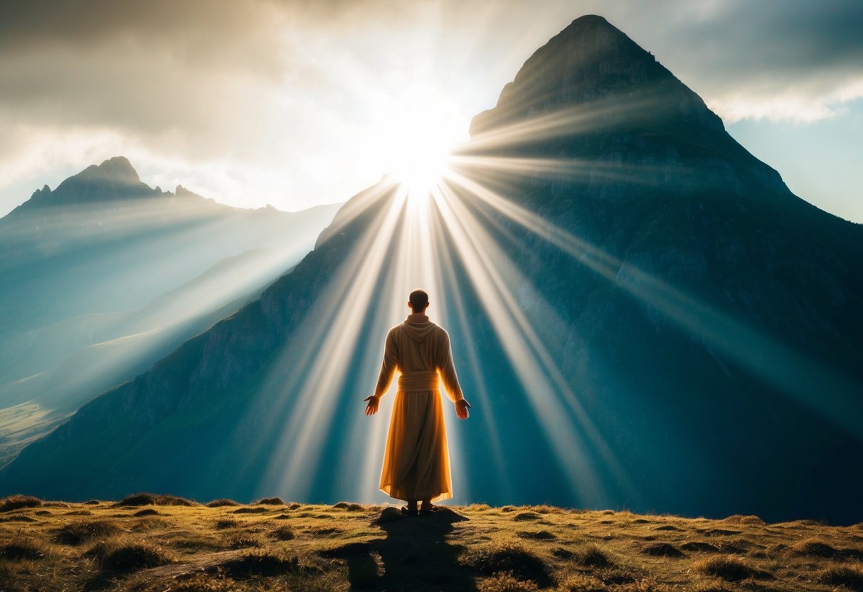 A radiant figure standing before a towering mountain, with beams of light emanating from the figure and illuminating the surrounding landscape