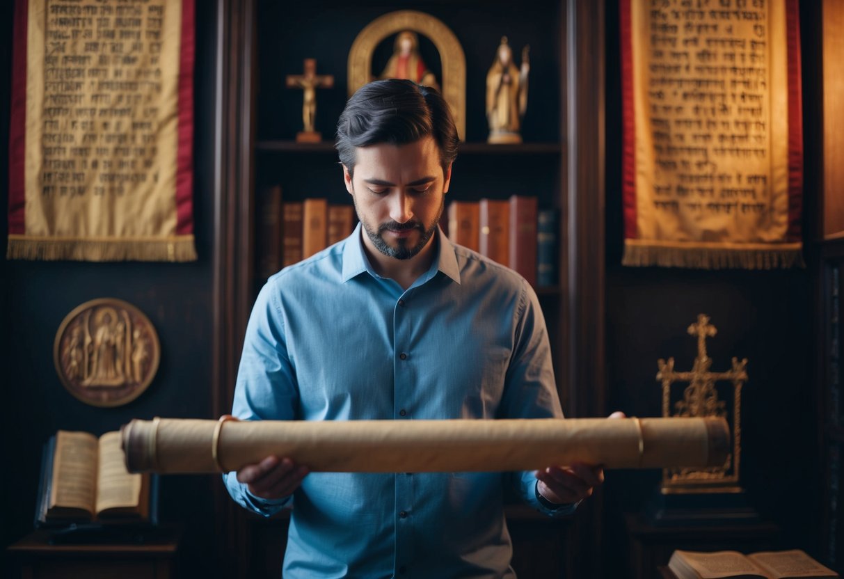 A man reading a scroll in a dimly lit room, surrounded by ancient texts and religious symbols