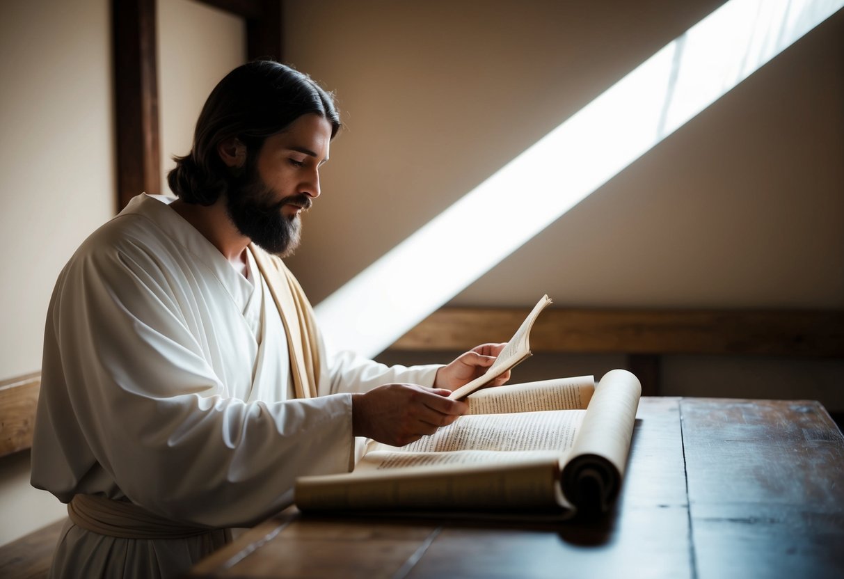 Jesus studying scrolls in a quiet room, with a shaft of light illuminating the ancient text
