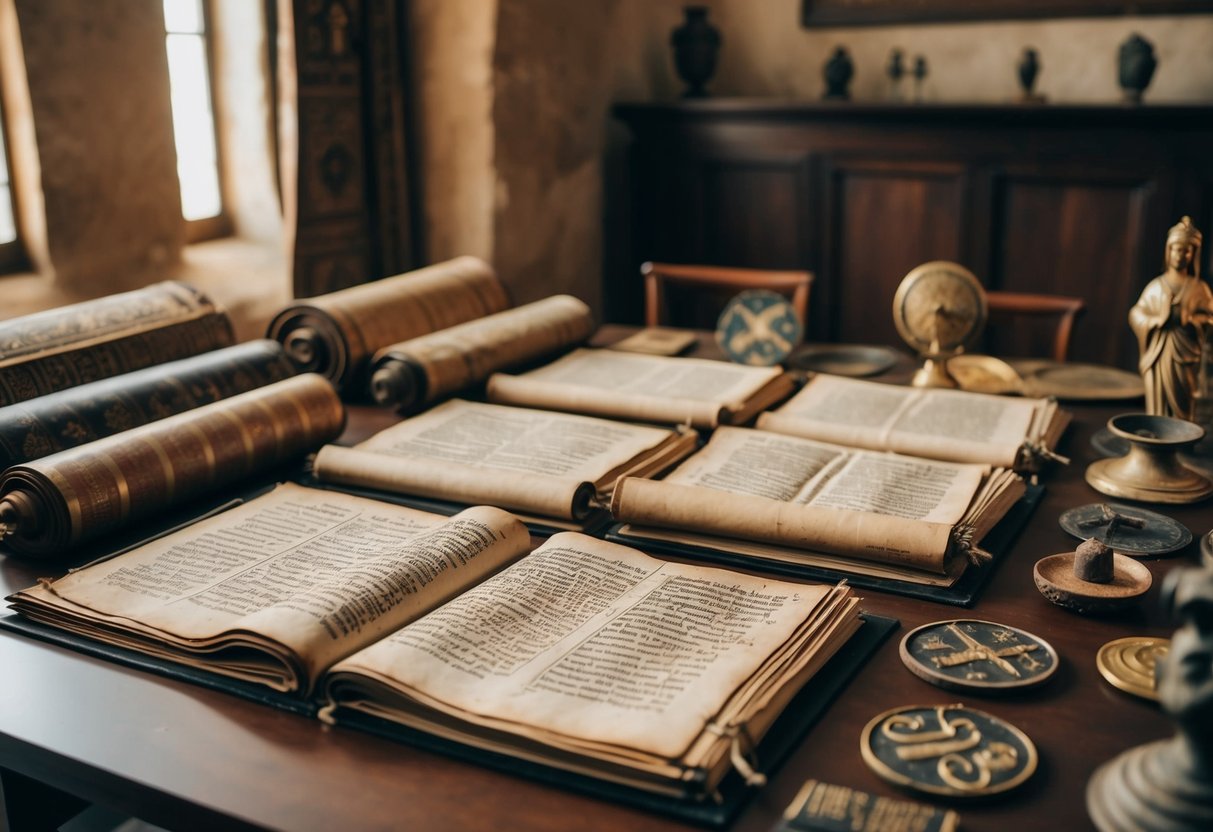 A group of ancient scrolls and manuscripts, including the Septuagint, lie open on a table, surrounded by early Christian symbols and artifacts