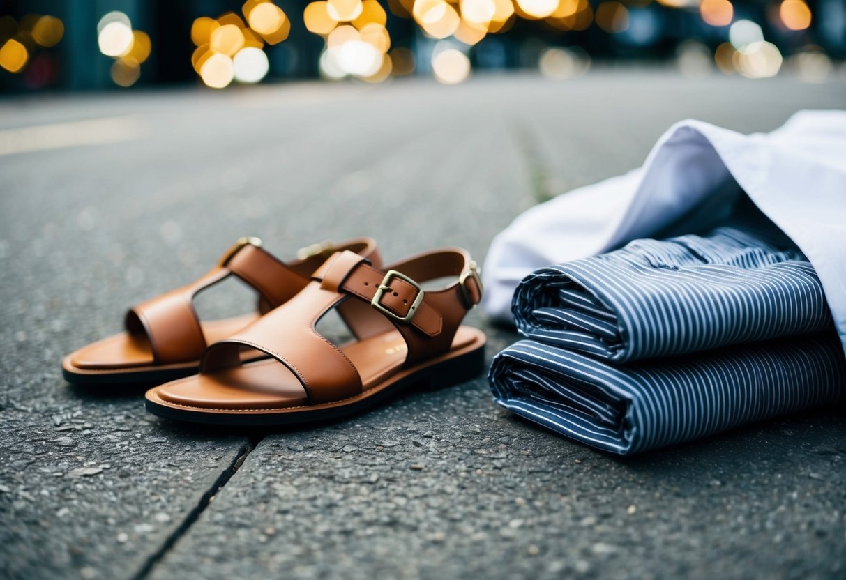 A pair of sandals and a robe lying on the ground, with a pair of pants neatly folded next to them