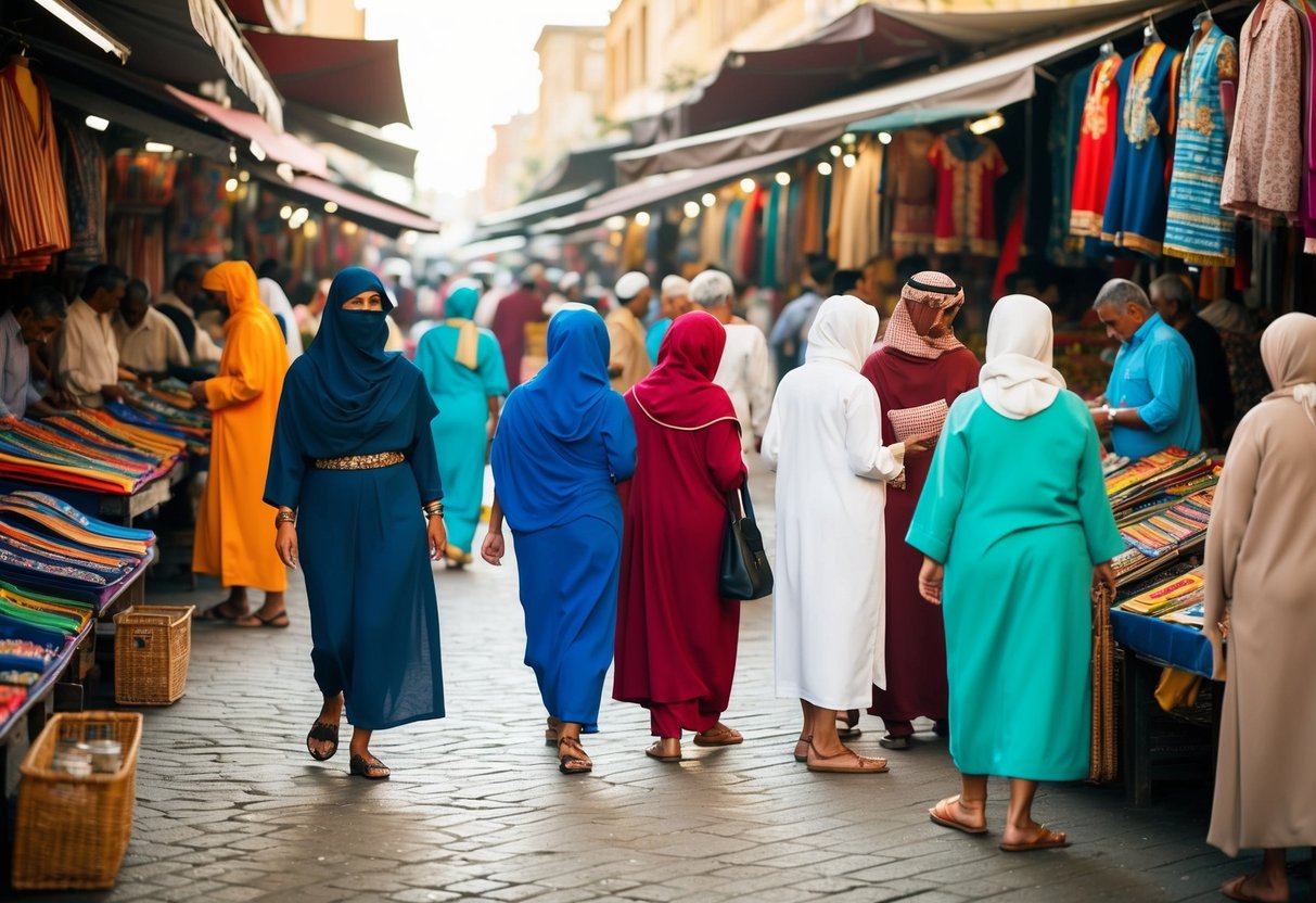 A bustling marketplace with merchants selling colorful tunics, robes, and sandals. People of various social classes browsing the different styles and fabrics