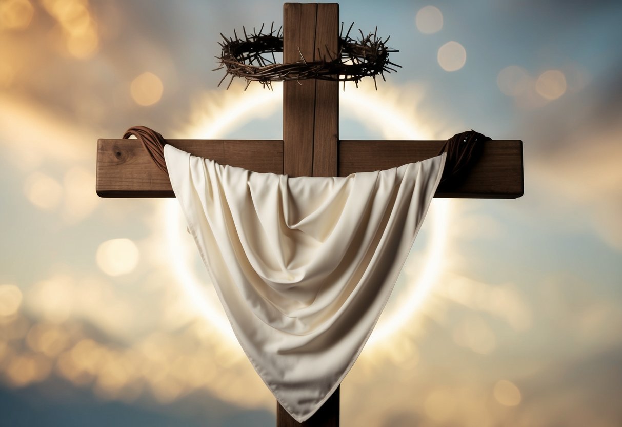 Jesus's seamless garment draped over a wooden cross, surrounded by a crown of thorns and a halo of light