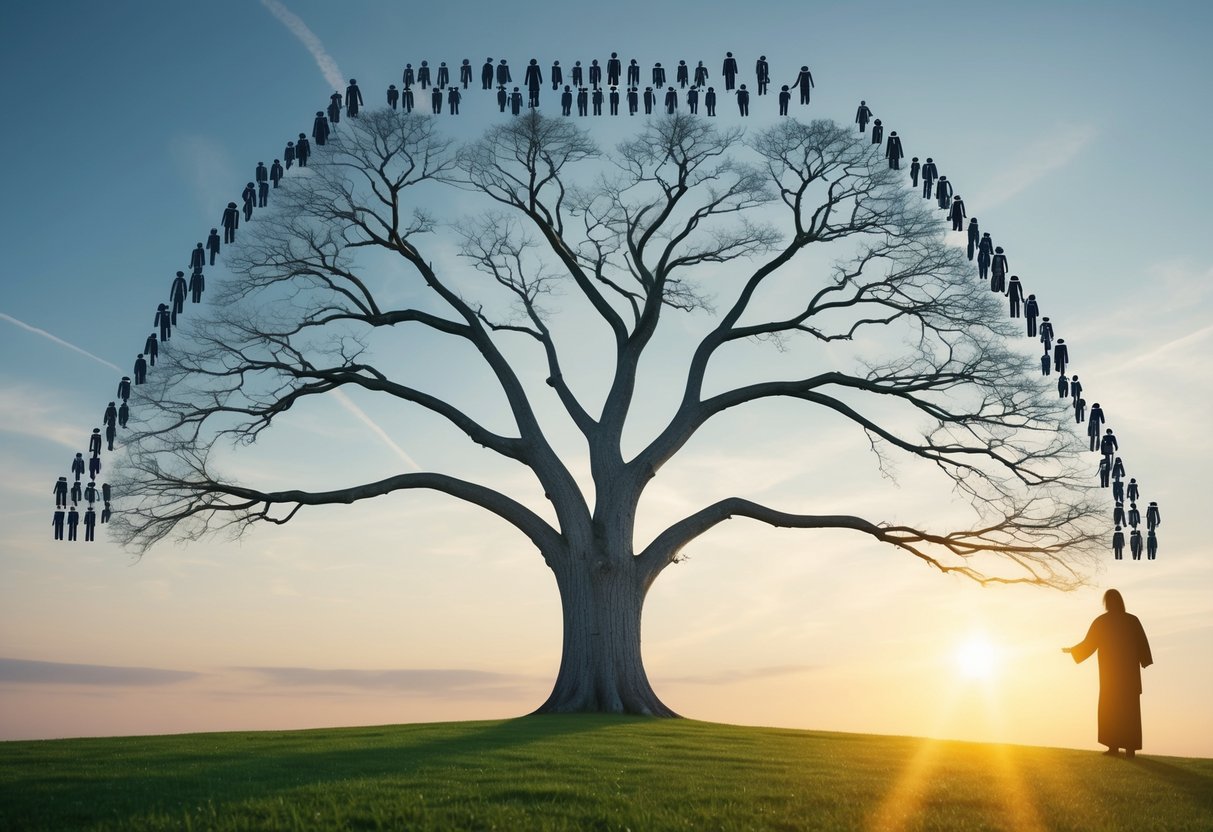 A family tree with branches stretching back through time, linking generations of ancestors to Jesus