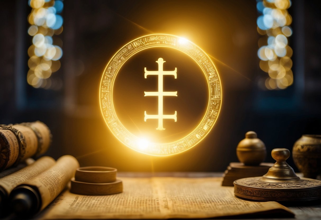 A glowing lineage symbol hovers above ancient scrolls and artifacts, hinting at a divine bloodline beyond biblical texts