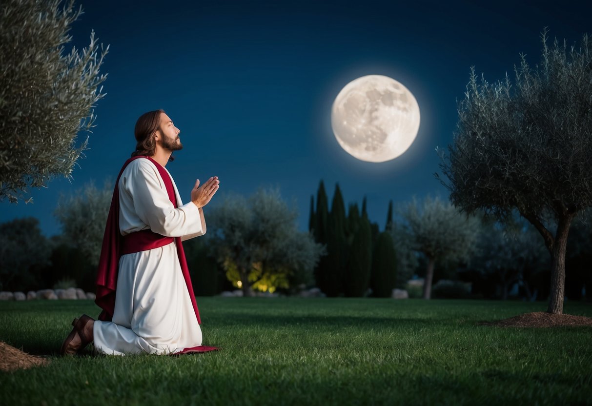 Jesus kneeling in a garden, looking up at the night sky with a sense of reverence and longing, surrounded by olive trees and the soft glow of moonlight