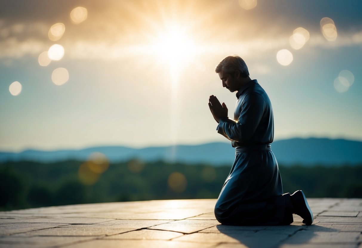 A figure kneeling in prayer, surrounded by a serene landscape with a bright light shining down from the sky