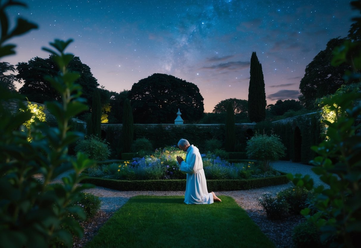 A serene garden at night, with a figure kneeling in prayer under a starry sky