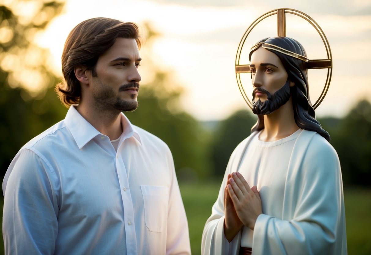 A man named James stands beside a figure with a halo, representing Jesus, his brother. The two figures are in a peaceful and serene setting