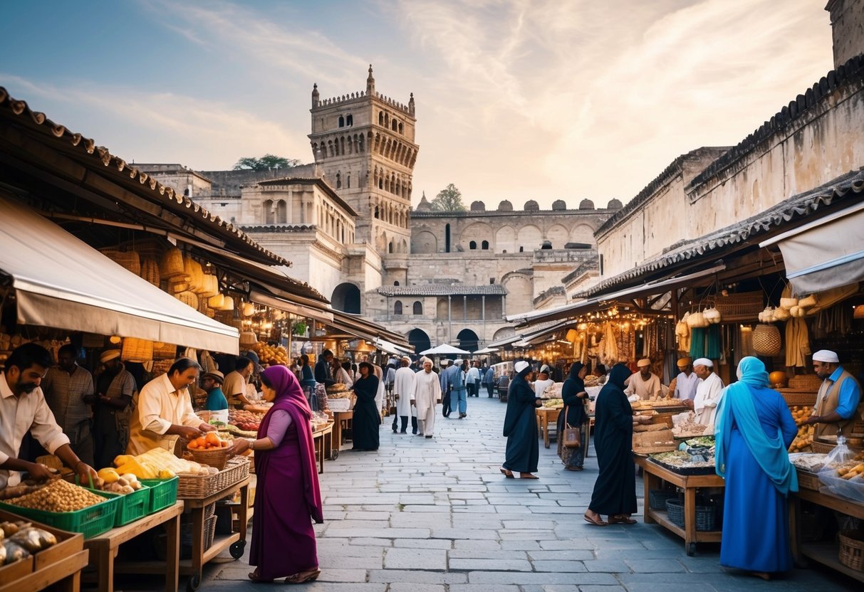 A bustling ancient marketplace with merchants selling goods and people going about their daily activities, set against a backdrop of historical buildings and structures