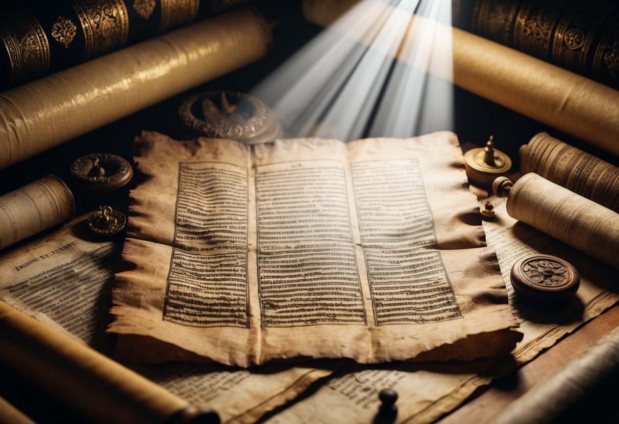 A dusty ancient parchment surrounded by scrolls and religious texts, with a beam of light illuminating it from above