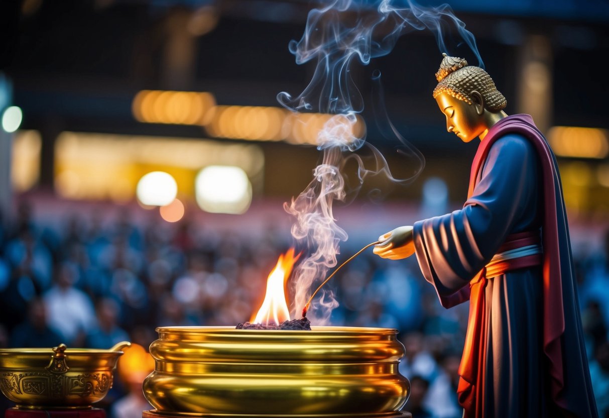 A figure in flowing robes burns incense before an altar