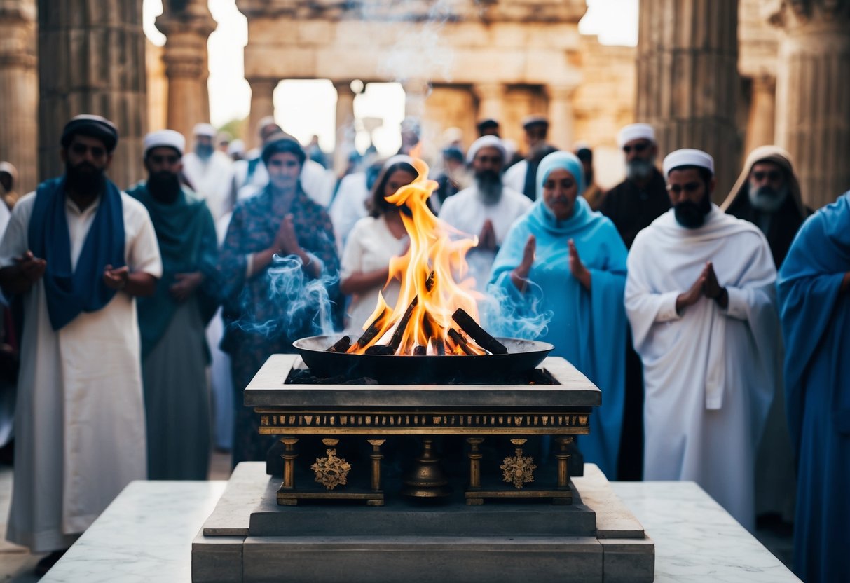 A temple altar with burning incense, surrounded by worshippers in ancient Judea