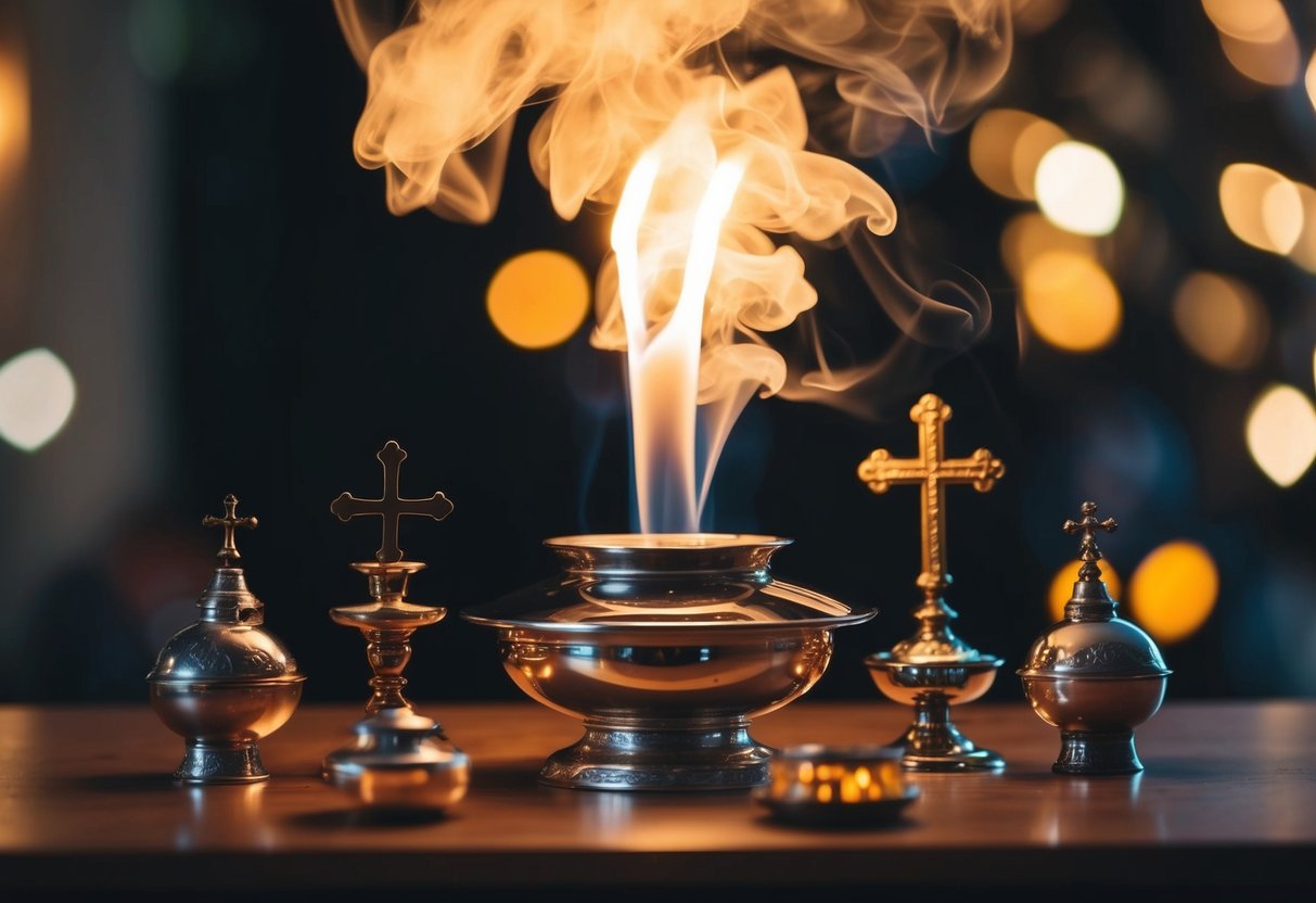 A glowing censer releases fragrant smoke, surrounded by symbolic religious objects and a cross