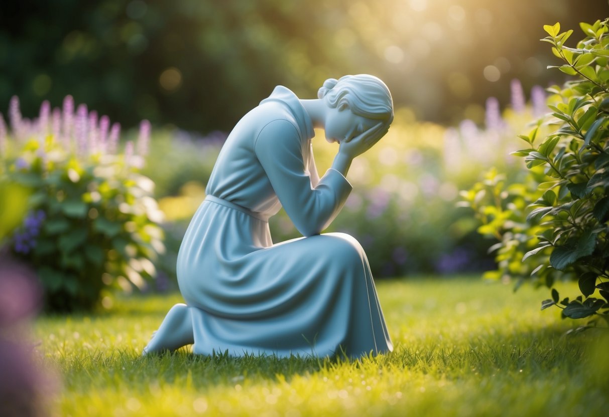 A figure kneeling in a serene garden, eyes closed, surrounded by soft light and a sense of peace