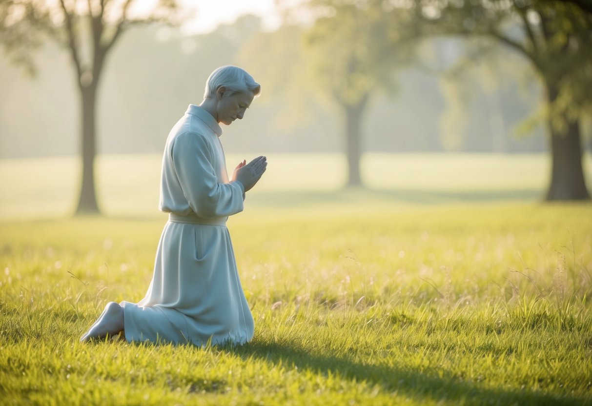 A serene figure kneeling in prayer, surrounded by a peaceful landscape with a gentle breeze and soft sunlight filtering through the trees
