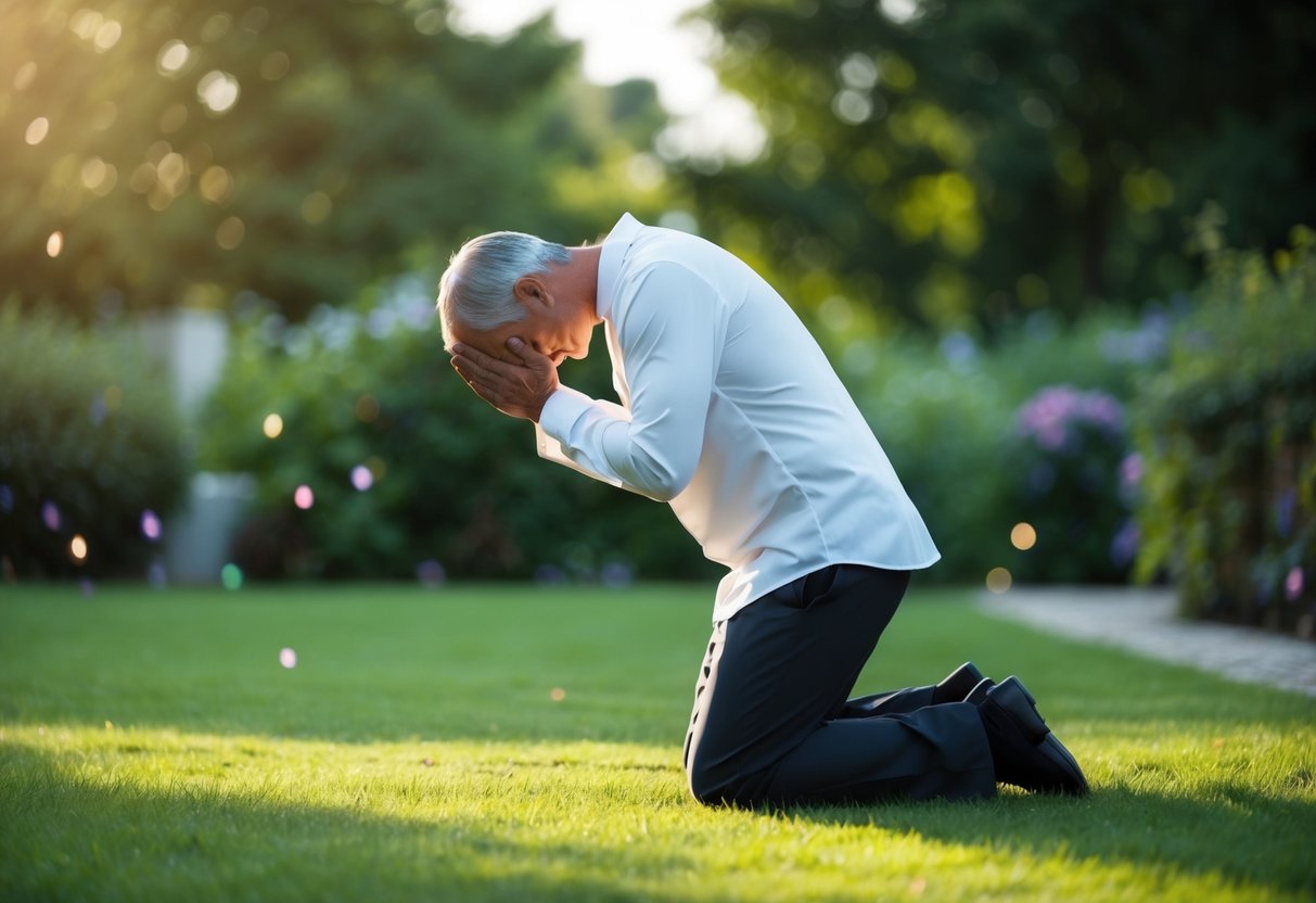 A figure kneeling in a quiet garden, head bowed in prayer, surrounded by a sense of peace and connection with the divine