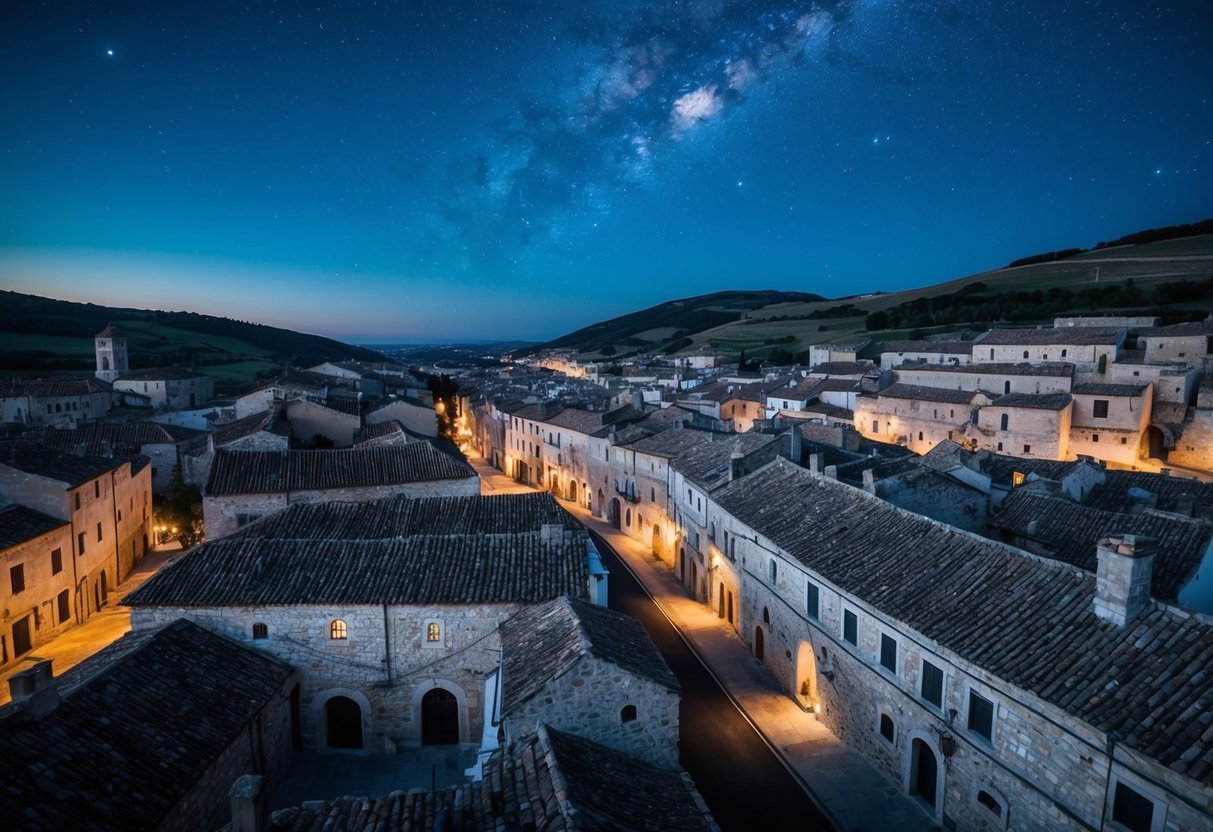 A bustling ancient town with stone buildings and narrow streets, surrounded by rolling hills and a starry night sky