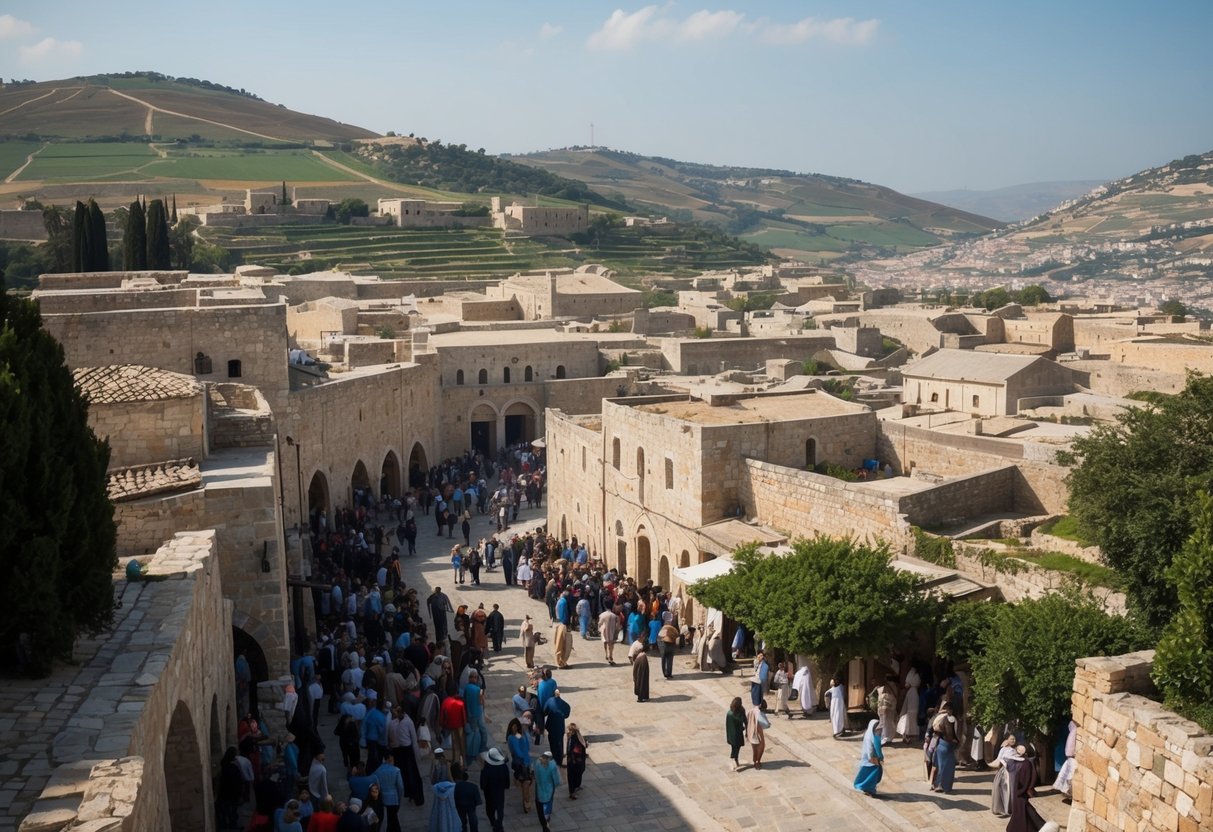 A bustling ancient Bethlehem with crowded streets and small stone buildings, surrounded by hills and farmland