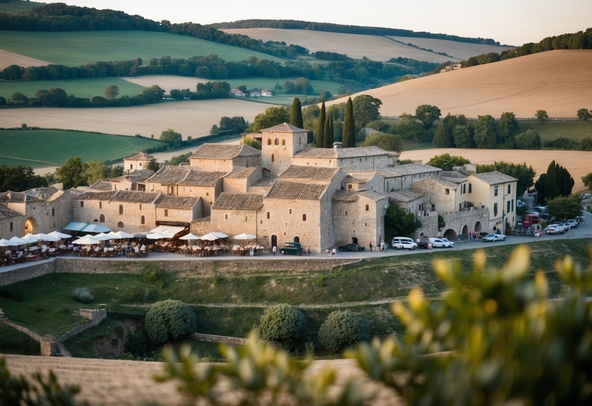 A small ancient town nestled among rolling hills, with simple stone buildings and a bustling marketplace, surrounded by peaceful countryside