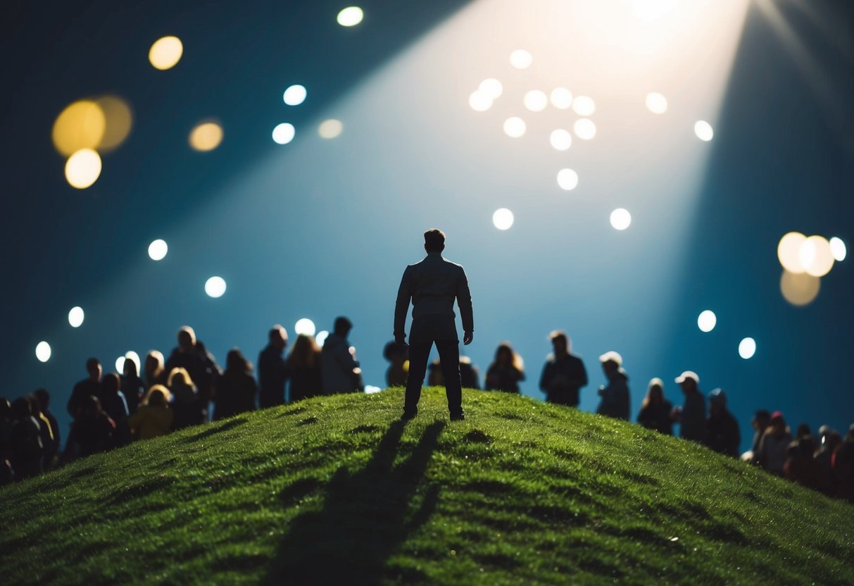 A figure stands on a hill, surrounded by a crowd. Light shines down from above, illuminating the figure