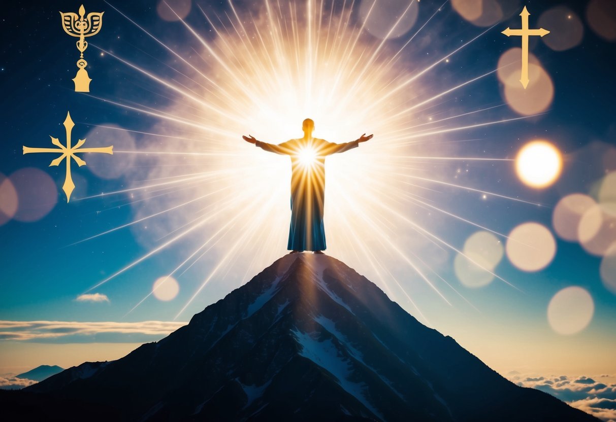 A radiant figure stands atop a mountain, surrounded by celestial light and symbols of divinity