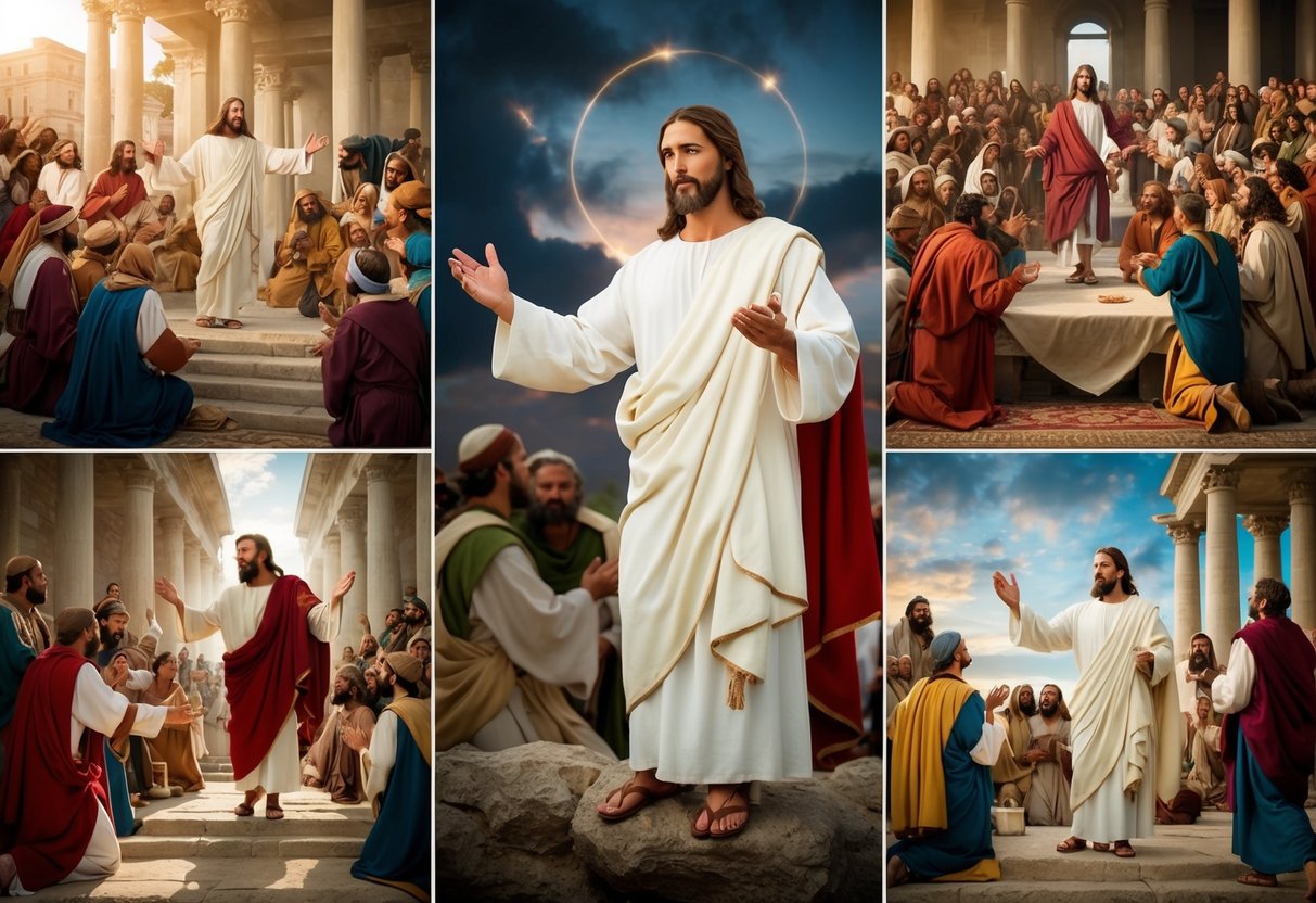 Jesus performing miracles, teaching crowds, and taking action in various scenes