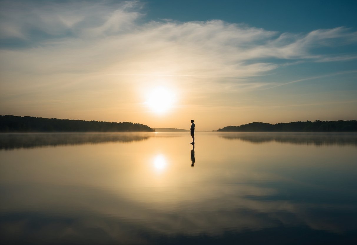 A serene landscape with a glowing sky, calm waters, and a radiant figure in the distance