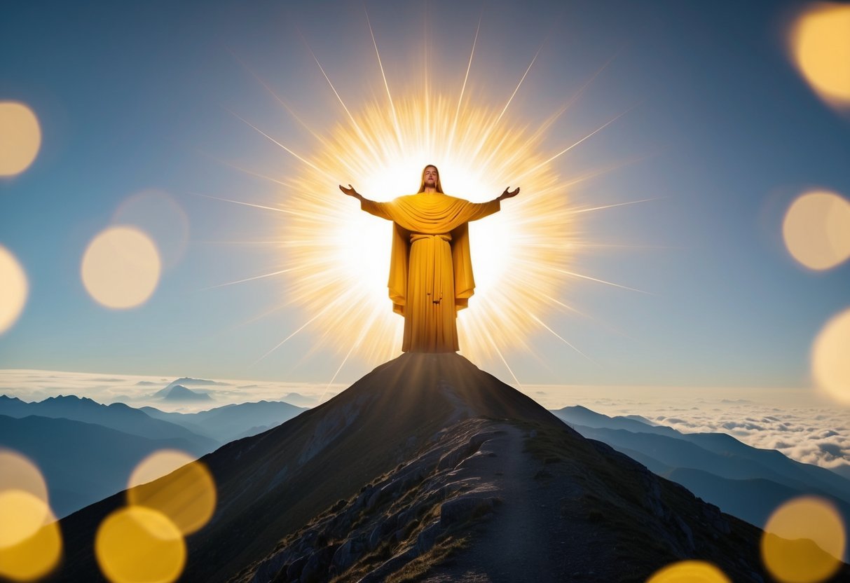 A radiant figure stands atop a mountain, surrounded by a golden aura, with outstretched arms and a benevolent expression