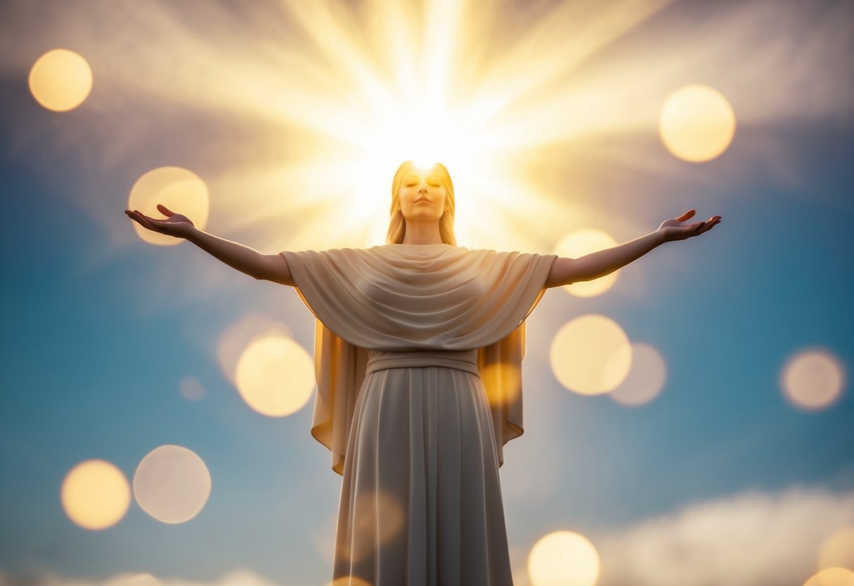 A radiant figure stands with outstretched arms, surrounded by glowing light and a sense of peace and love