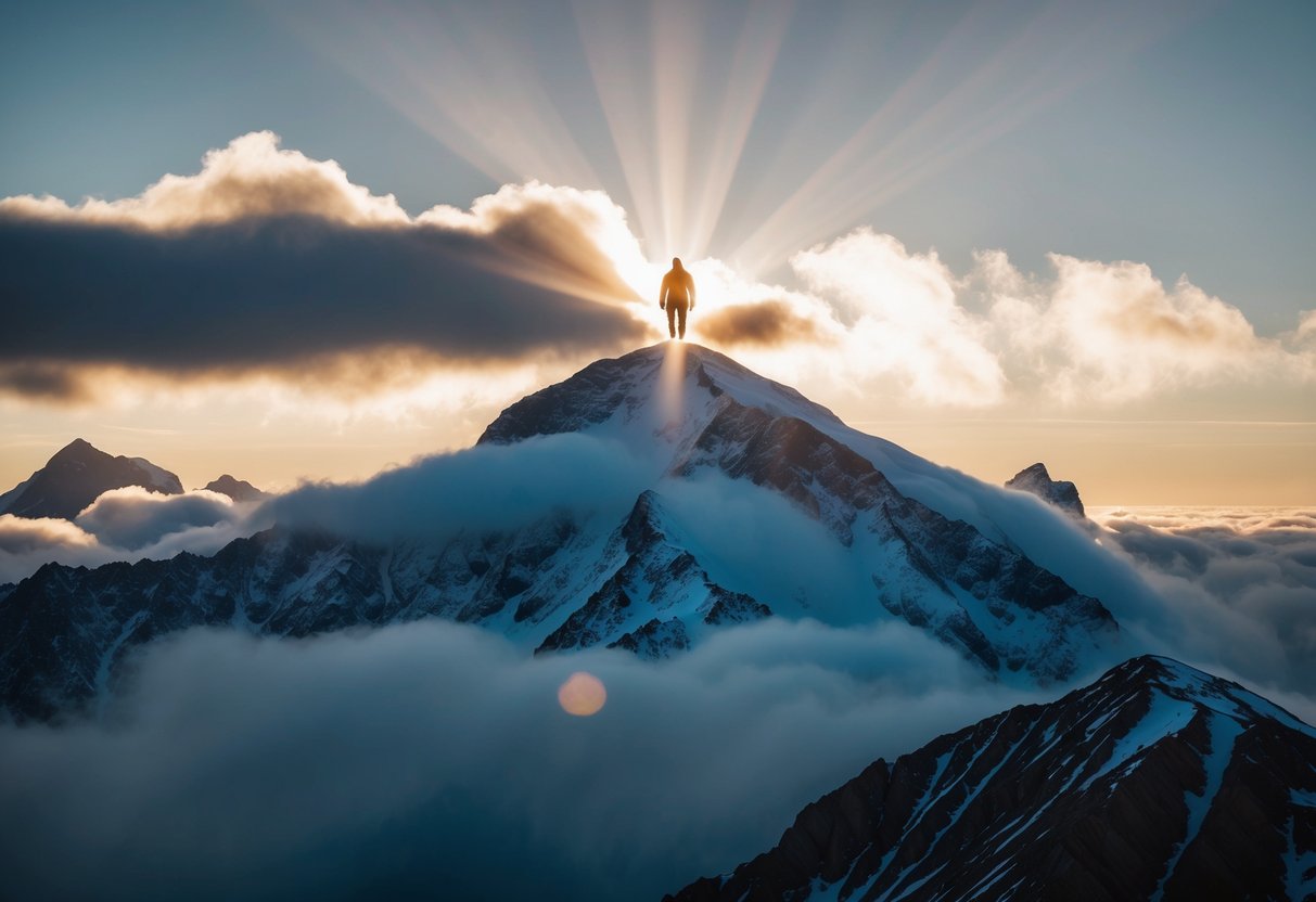 A mountain top with a glowing figure surrounded by clouds and rays of light