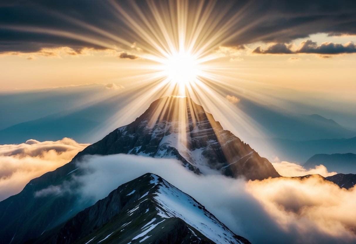 A mountain peak with radiant light and clouds, symbolizing the transfiguration of Jesus