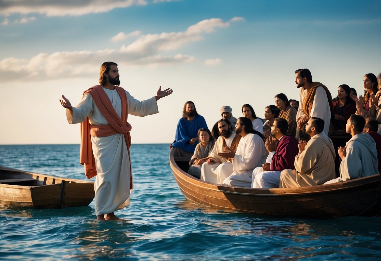 Jesus teaching a crowd by the sea, with a boat nearby. He is portrayed as a powerful and authoritative figure, captivating the attention of those around him