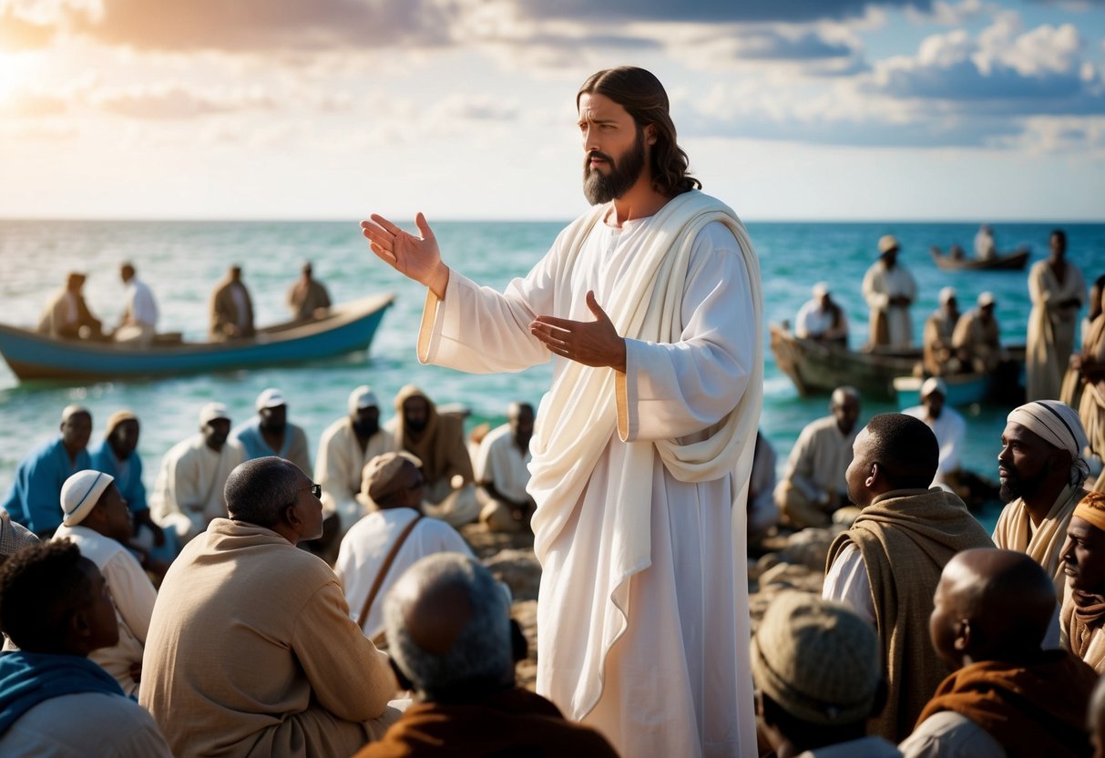 Jesus teaching a crowd by the sea, with fishermen and boats in the background. He is depicted as a powerful and authoritative figure, captivating the attention of the listeners