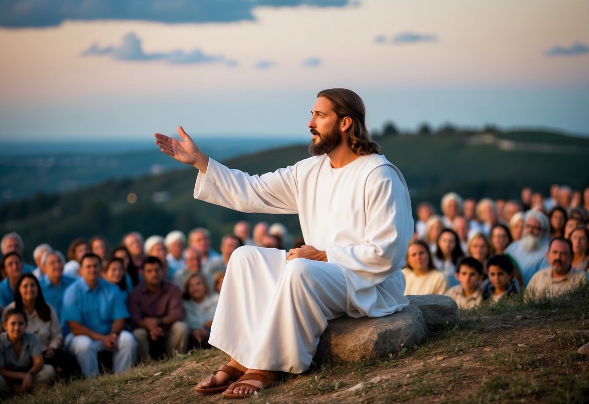Jesus sits on a hill, surrounded by a crowd. He gestures as he speaks, using simple, relatable imagery to convey his teachings and parables