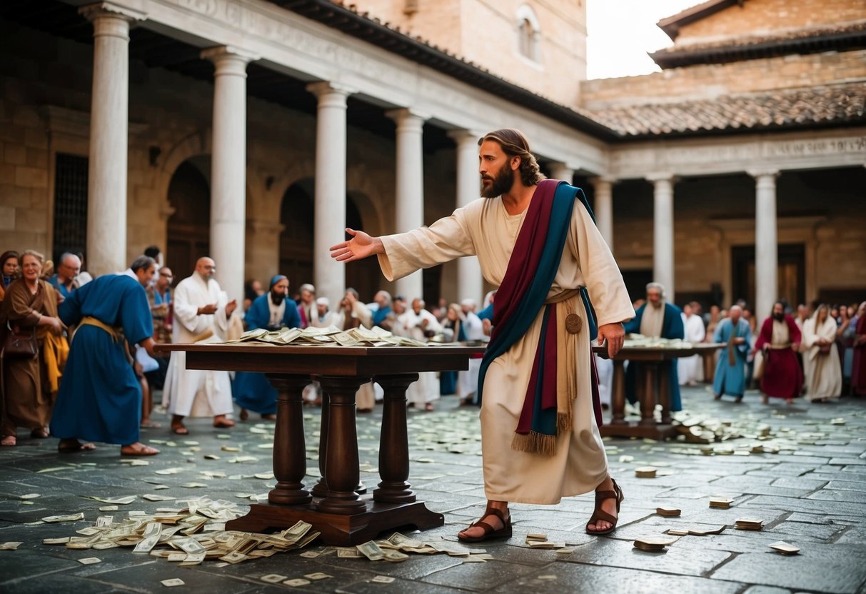 Jesus overturns tables in a temple courtyard. Money and goods scatter as people scatter in shock and anger