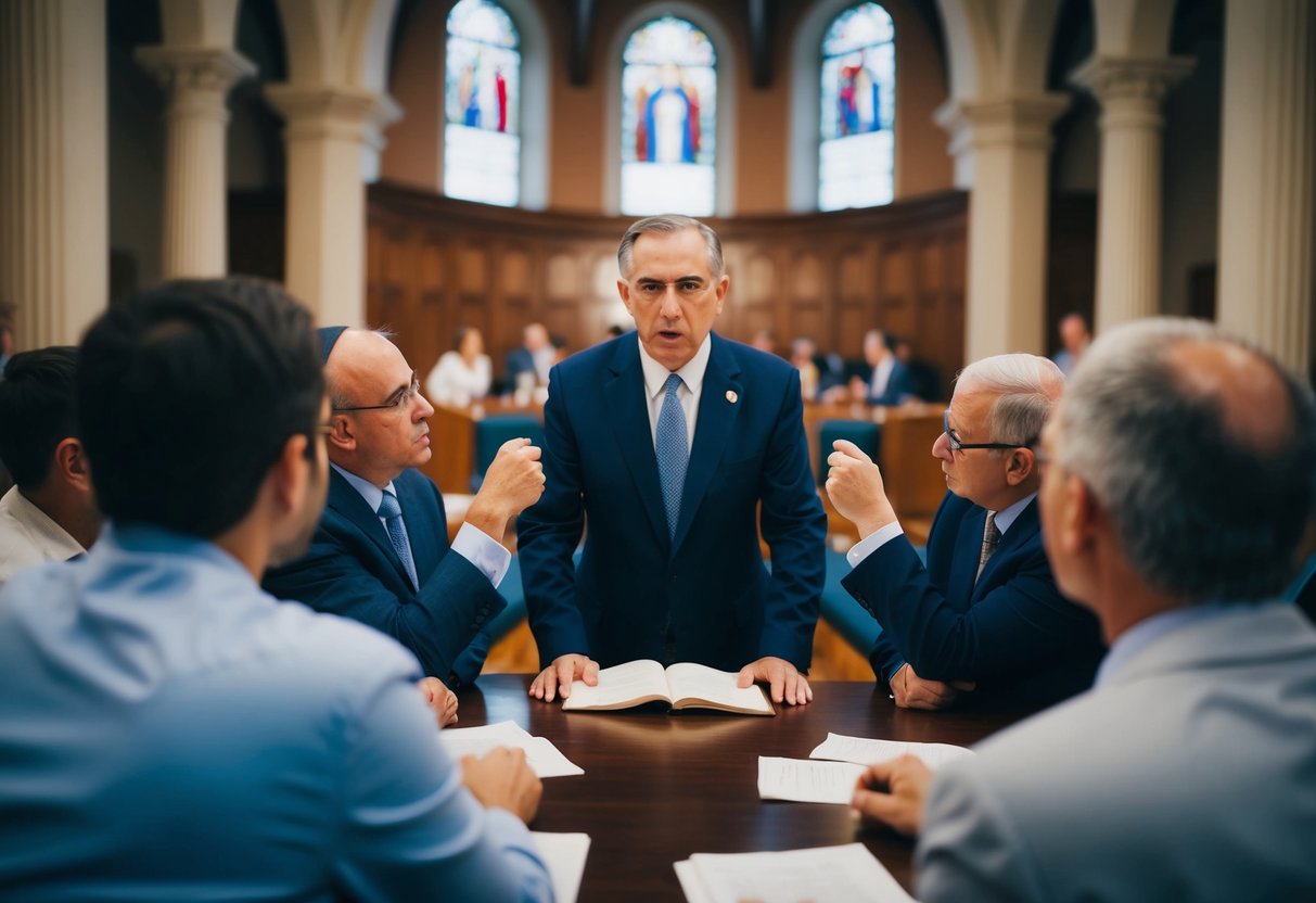 A group of people debating in a synagogue, with one figure standing out as the focal point of the controversy