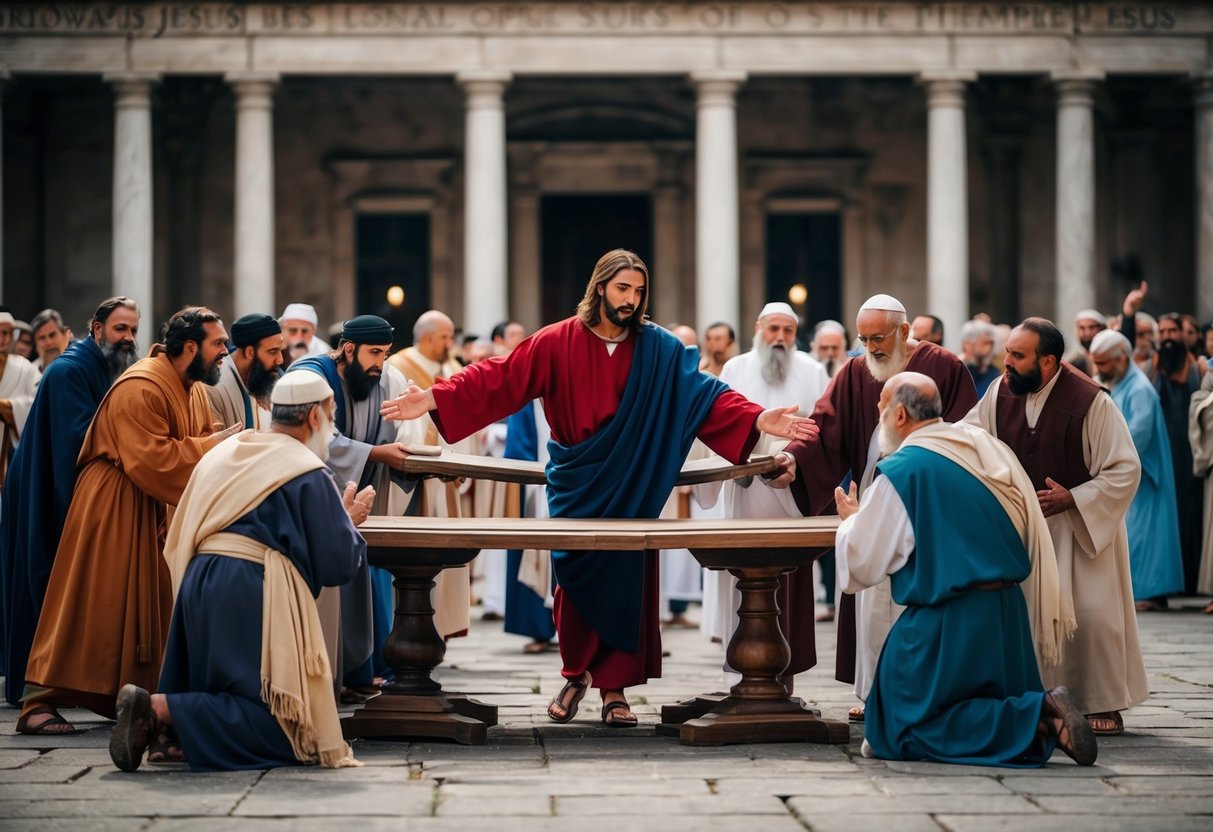 Jesus overturns tables in a crowded temple courtyard, angering the merchants and upsetting the religious leaders