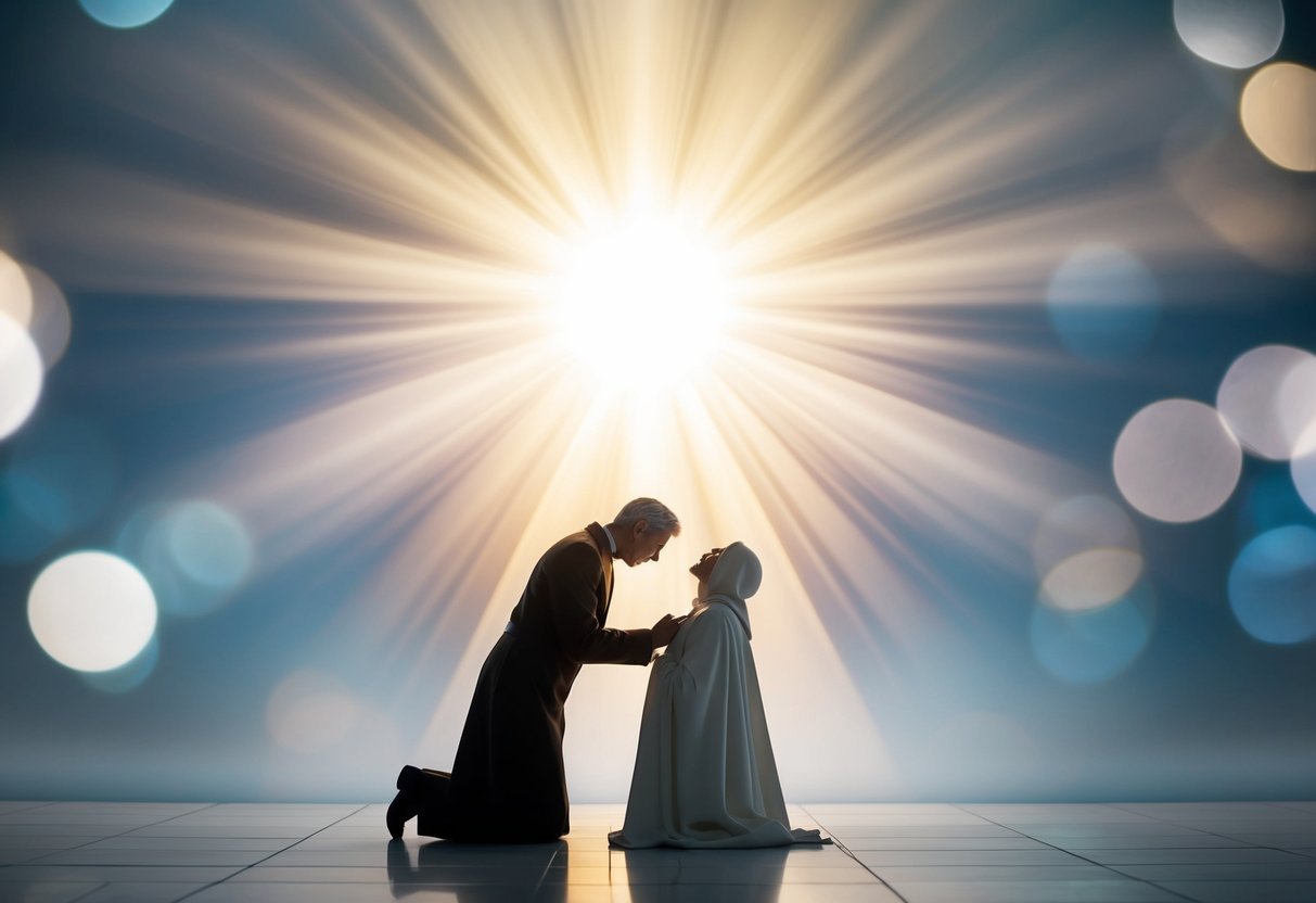 A figure kneeling before a radiant, ethereal presence, with a sense of reverence and devotion