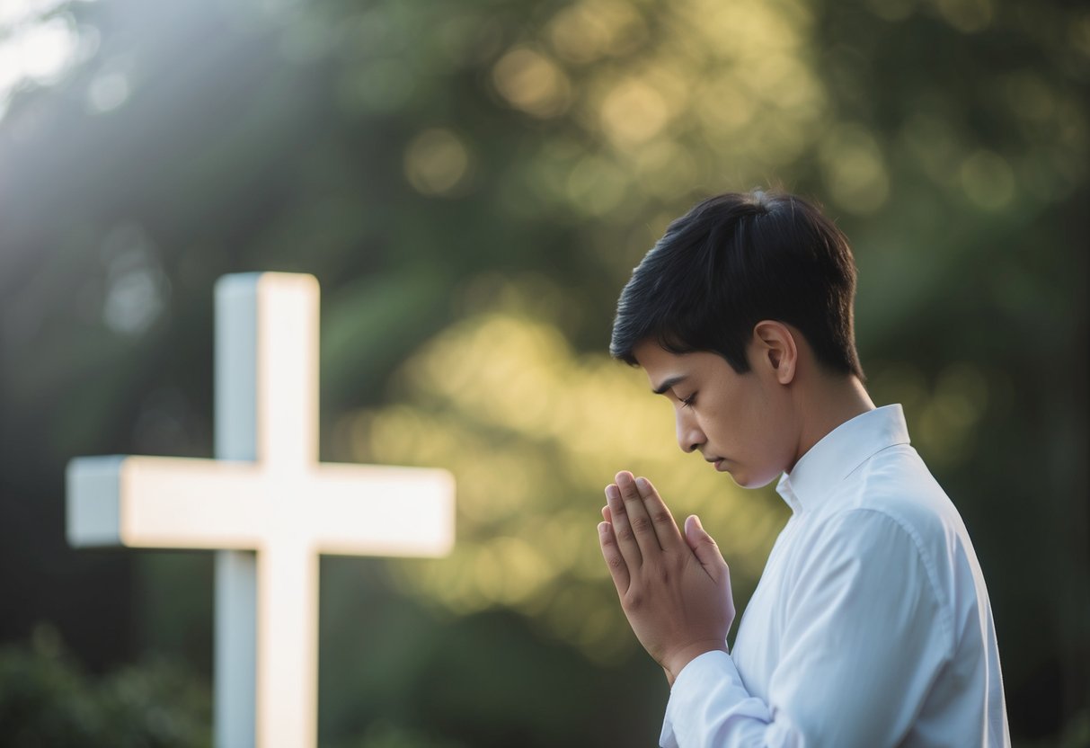 A person kneeling in front of a cross, with their head bowed and hands clasped in prayer, surrounded by a peaceful and serene atmosphere