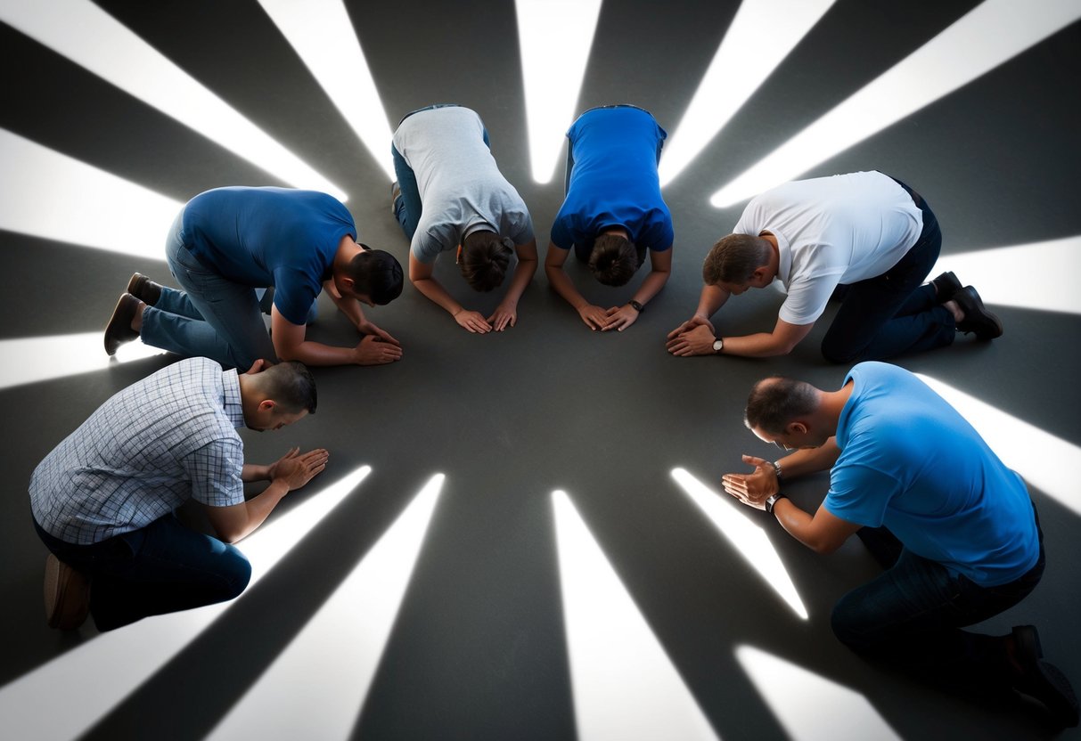 A group of people kneeling in a circle, heads bowed, with rays of light shining down on them, symbolizing their prayers being directed to Jesus
